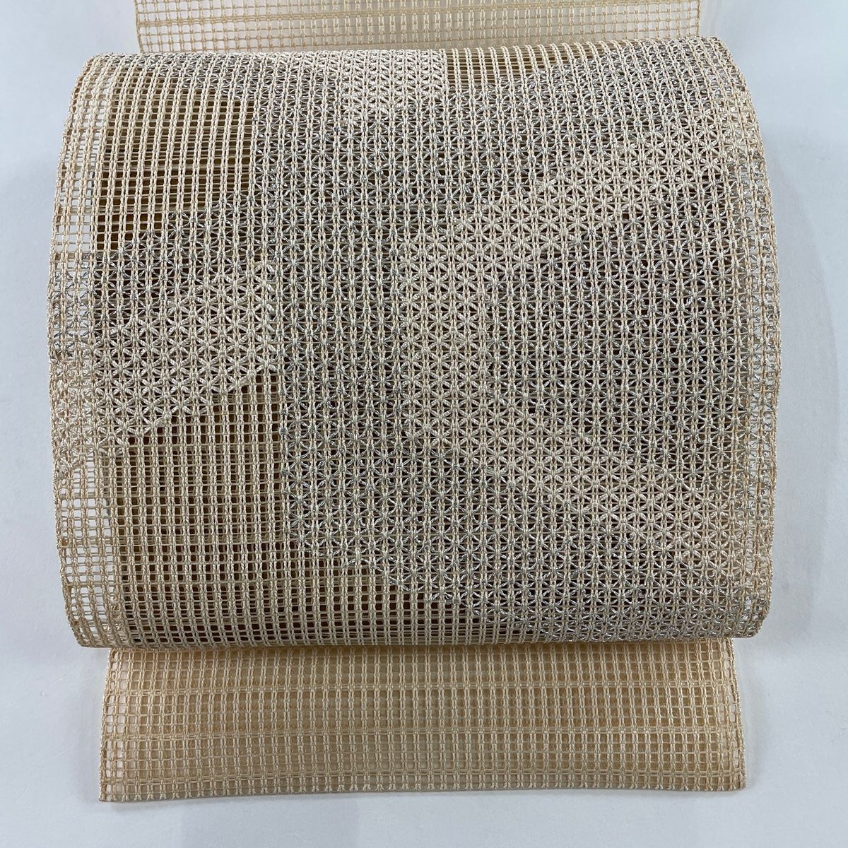 C9 美品 夏物 羅 幾何学模様 ベージュ 正絹 六通 名古屋帯 松葉
