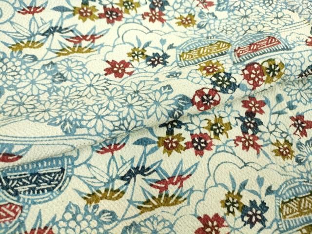 平和屋着物▽上質な小紋 単衣 流水花文 藍 型染め 鬼しぼ縮緬 正絹