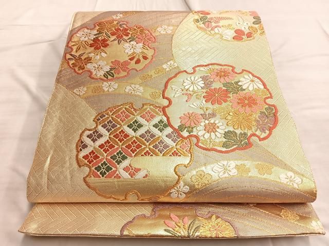 平和屋着物●佐賀錦　六通柄袋帯　唐織　片輪車草花丸文　金糸　正絹　逸品　BAAN5635ea