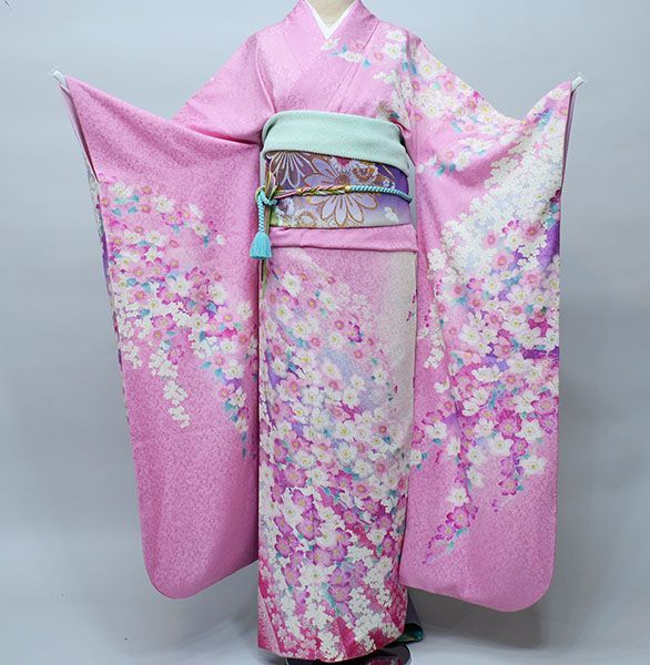 振袖 正絹 着物単品 仕立て上がり 百花繚乱 花銀縁取り ピンク 成人式 