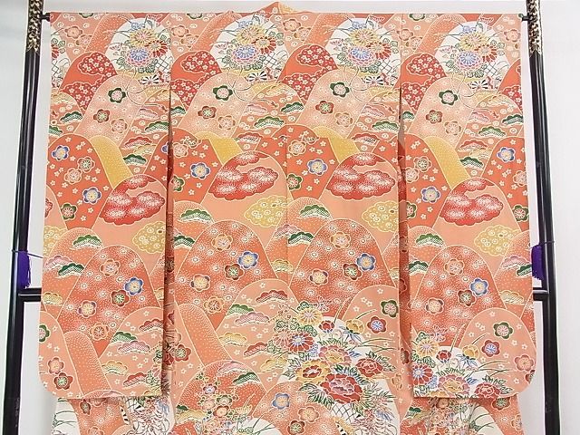 平和屋2□希少 振袖 単衣 紅型 重ね山吉祥花車文 逸品 未使用 3kh1617 