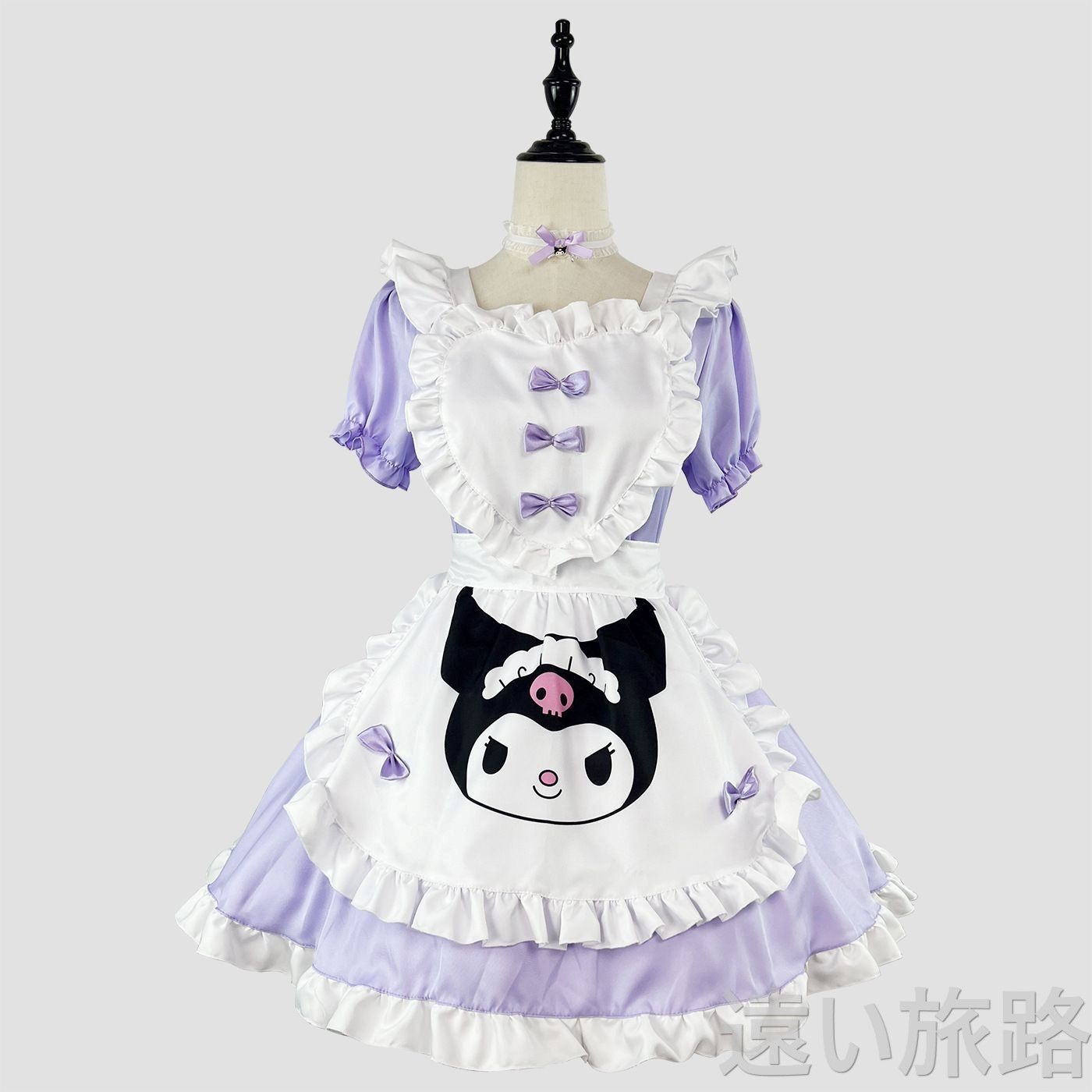 ?【新作オリジナル】? ロリータメイドコスプレワンピース ?? 牛の顔プリント付き 白×ラベンダー色 リボン装飾＆フリル エプロン u0026 ヘッドドレスセット 撮影 / イベント / ハロウィン / 文