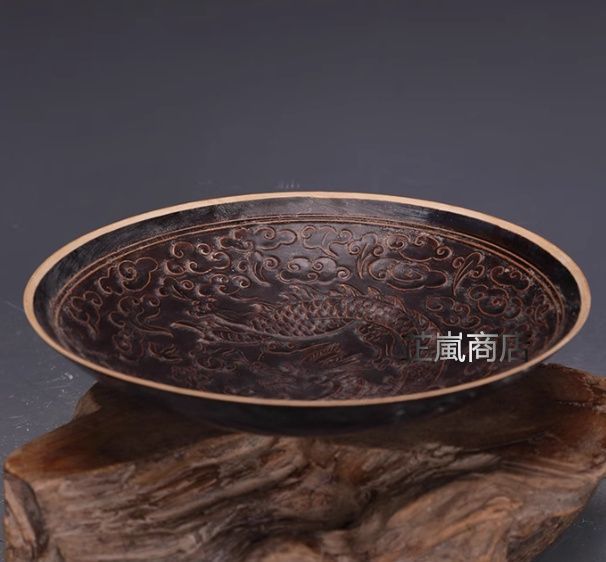 宋定窯彫刻竜紋盤 景徳鎮 陶磁器 装飾品 現代工芸品 美術品 置物