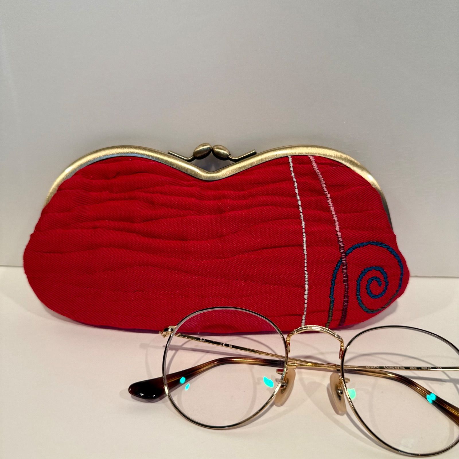 京都帯屋さん 正絹 がま口メガネケース ふくれ地 赤