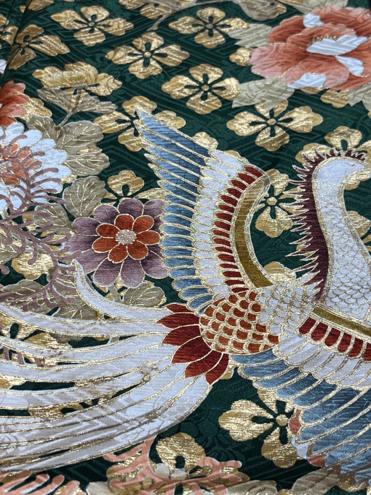 超豪華絢爛綺麗美品身丈168cm裄丈69cm濃緑地正絹振袖☆河合美術織物 