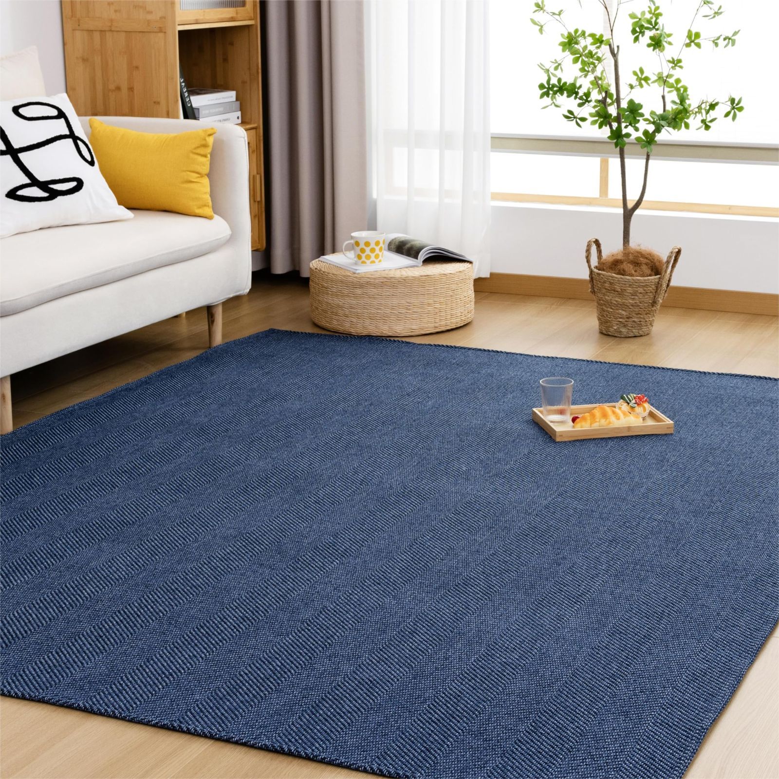 Size:185×185cm（約2畳）_Color:ネイビー Housecover ラグ カーペット 春 夏 185x185cm 2畳 ラグマット ヘリンボーン柄 春夏に向き 滑り止め 洗える リビングマット オールシーズン リビングマット おし