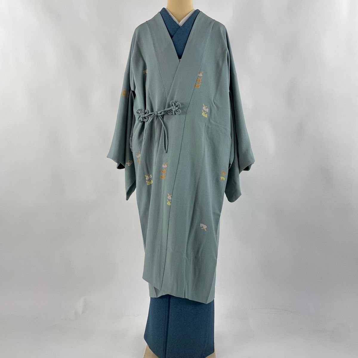 道中着 身丈117cm 裄丈68cm L 和装コート うさぎ 金彩 灰緑 正絹