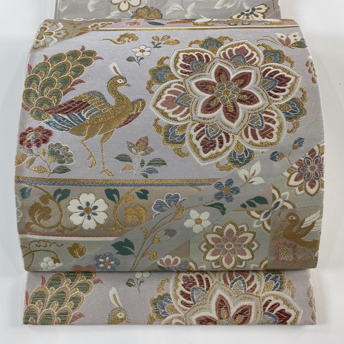 袋帯 秀品 斜取孔雀華文 金糸 箔 灰色 六通 正絹 【中古