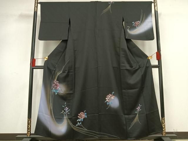 平和屋着物▽訪問着　単衣　草花文　暈し染め　黒地　金銀彩　正絹　逸品　AAAV8406fy 平和屋着物▽訪問着 単衣 草花文 暈し染め 黒地 金銀彩 正絹 逸品