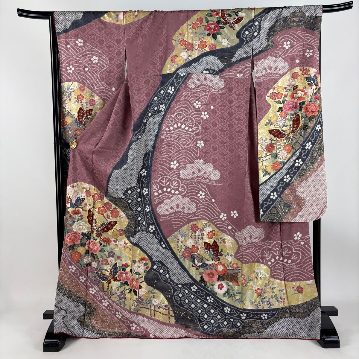 振袖 身丈169cm 裄丈67.5cm L 袷 牡丹 蝶 絞り 刺繍 紫 正絹 名品