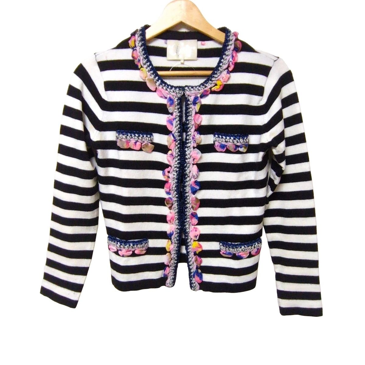 Chesty チェスティ カーディガン サイズF レディース - 白×黒×マルチ 長袖 ボーダー フラワー 花