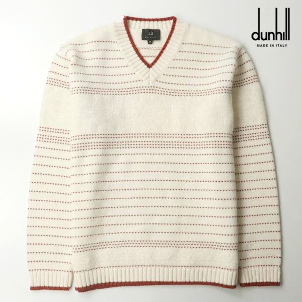 極美品 dunhill ダンヒル イタリア製 モヘア20％ 高級肉厚ウール Vネック ニットセーター アイボリー M【参考価格￥151，800-】