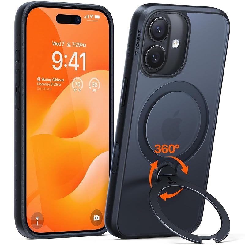 TORRAS iPhone 17 用 ケース 多機能一体 360°新定点回転スタンド Magsafe対応 カメラコントロールボタン 高耐久性 耐衝撃 ゼンマイ式スタンド リング 縦横両対応 マグネット搭載 急速充電対応 指紋防止 Ostand Q3 Spin