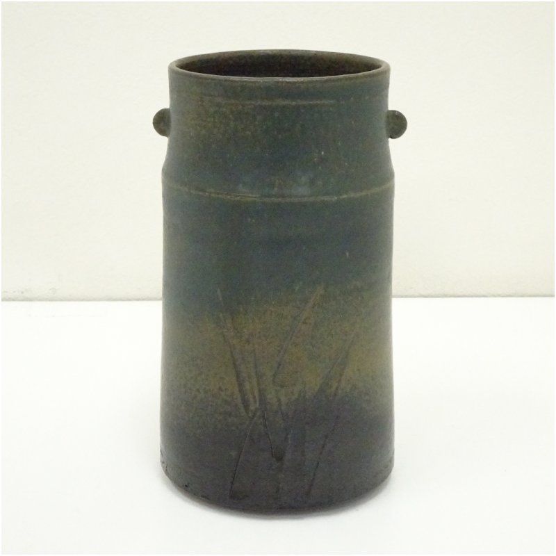 背戸窯 加藤令吉造 蒼釉刻文花入（共箱） 花入れ 茶道 茶道具