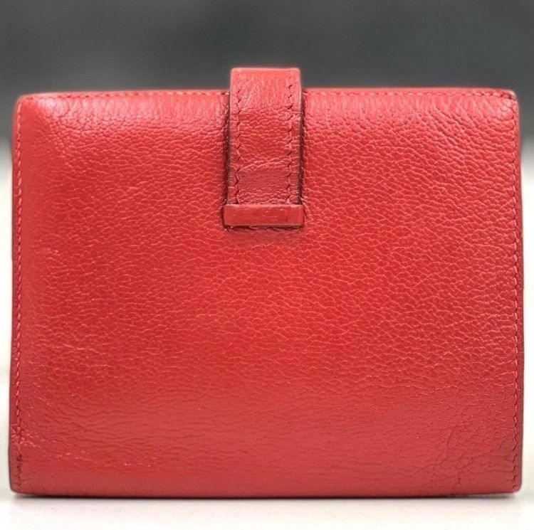 エルメス　ベアンコンパクト　シェーブル　赤　シルバー金具　折り財布　□I刻印 エルメス ベアンコンパクト シェーブル 赤 シルバー金具 折り財布 □I