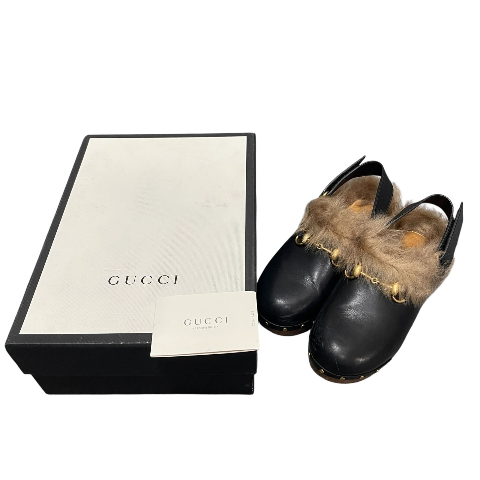 ◆ 品◆ GUCCI グッチ アムステル ホースビットサボ サンダル レザー ウッド ムートン ブラック×ゴールド金具 サイズ37 箱有 V98550NJ