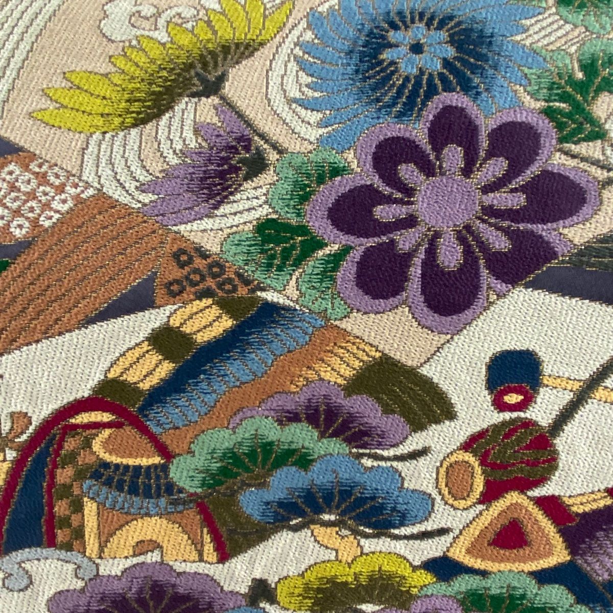 袋帯 美品 逸品 白綾苑大庭 落款 松竹梅 扇面 箔 刺繍 紫 六通 正絹 