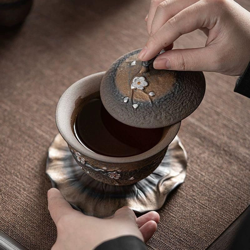 茶器 煎茶器 鉄釉梅花蓋碗 粗陶三才蓋碗 茶淹茶わん 湯呑み 新品