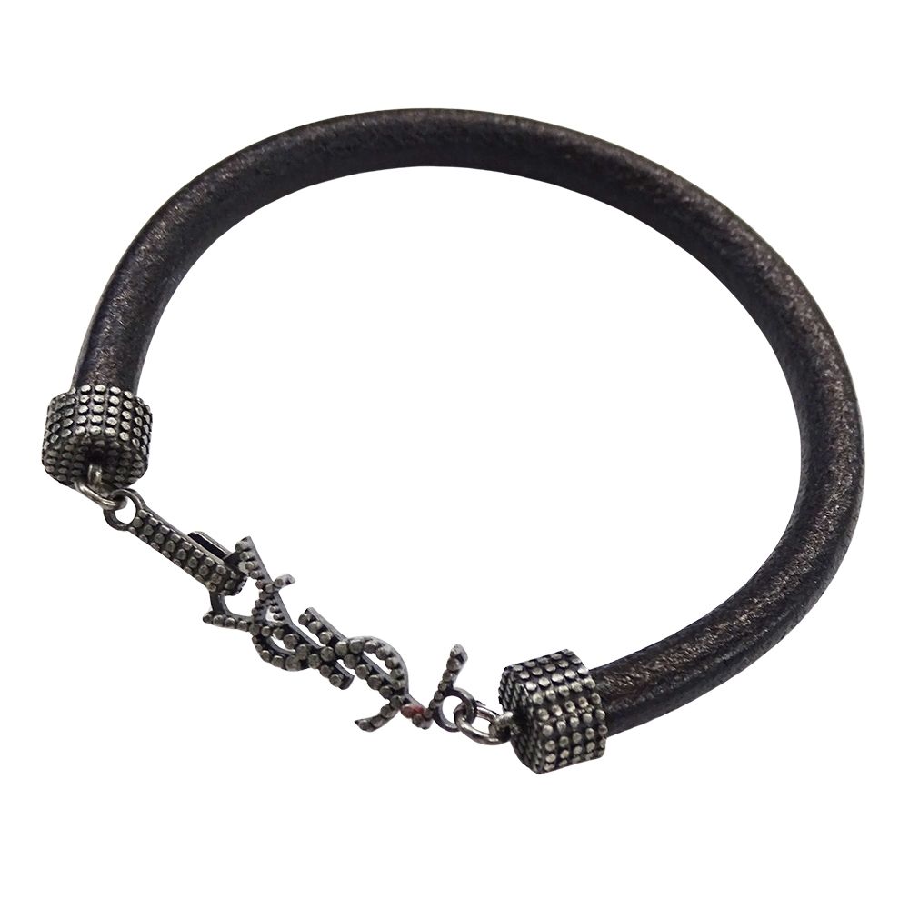 【未使用品】Saint Laurent ブラックレザーブレスレット サンローラン ブレスレット ブラック カサンドラ 美品 レザー
