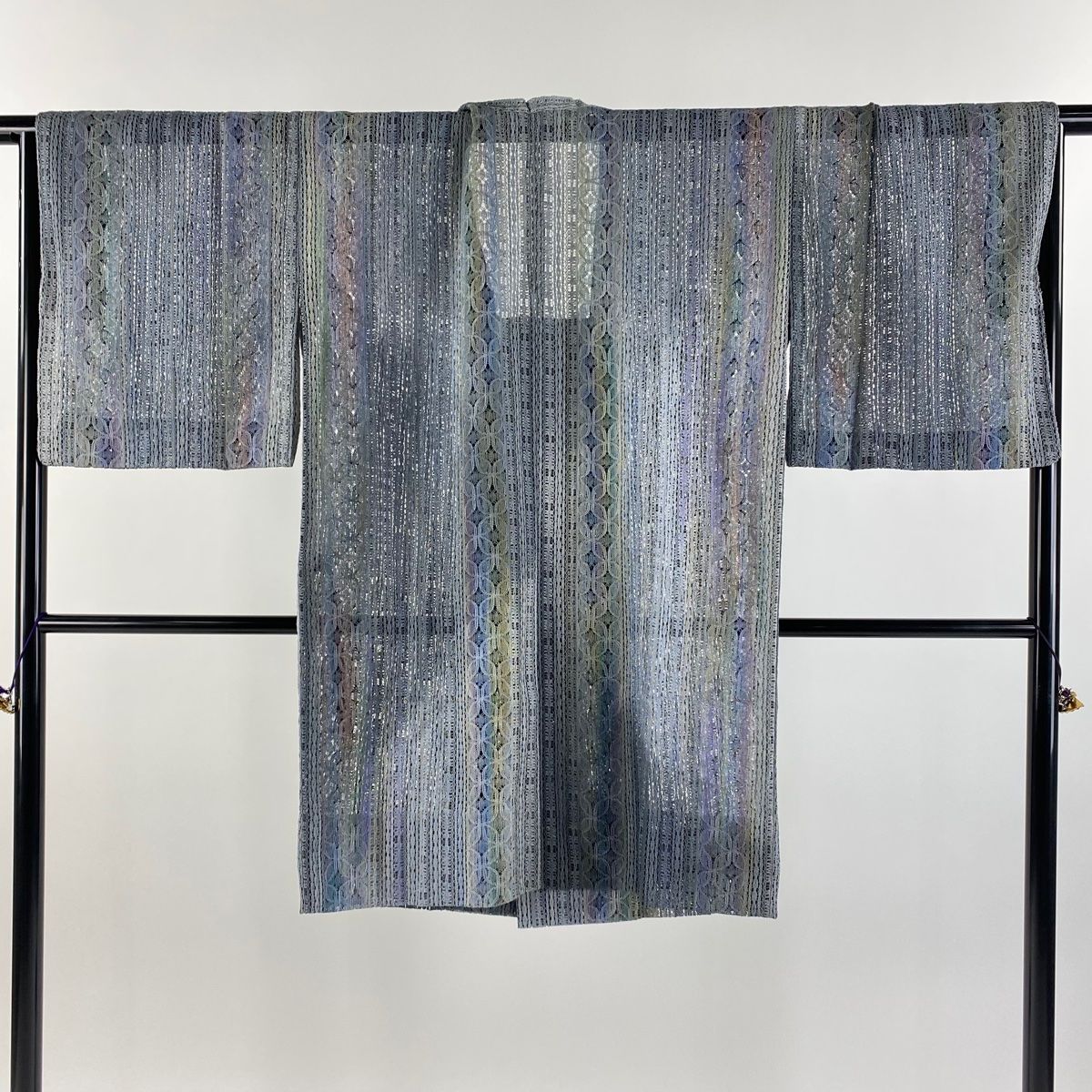 道行 身丈105cm 裄丈67.5cm L 和装コート 角衿 縞 幾何学模様 青灰色  