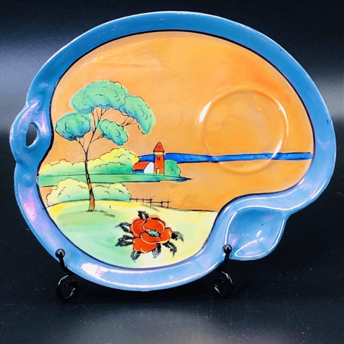 オールドノリタケ アールデコ期大銘品！金彩虹ラスター花籠絵図