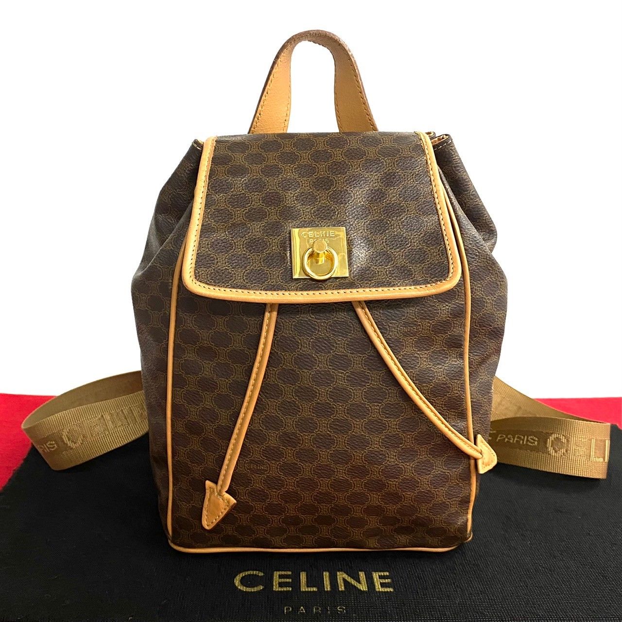 極 美品 CELINE セリーヌ ヴィンテージ マカダム ブラゾン トリオンフ 柄 ロゴ リング レザー 巾着 リュックサック ブラウン d73-6  - メルカリ