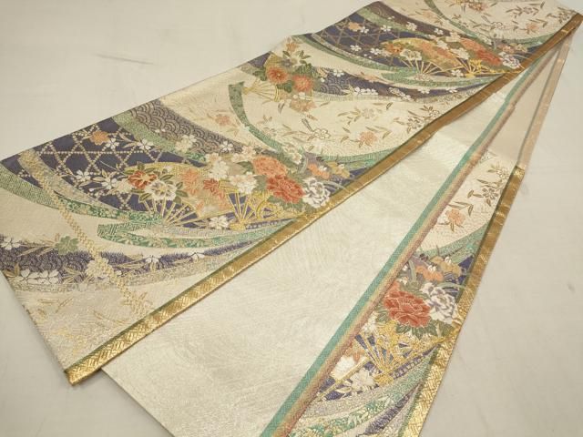 平和屋着物▽佐賀錦 六通柄袋帯 扇面花文 金銀糸 正絹 逸品