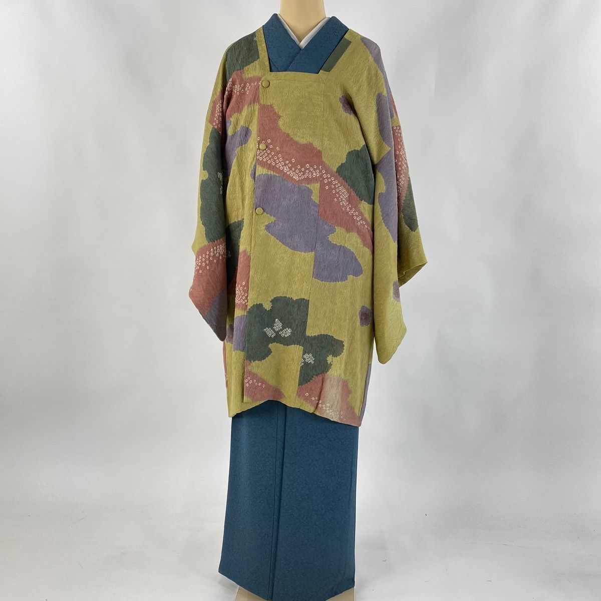 道行 身丈95.5cm 裄丈68cm L 和装コート 角衿 梅 霞 絞り 金彩 からし色 正絹 秀品