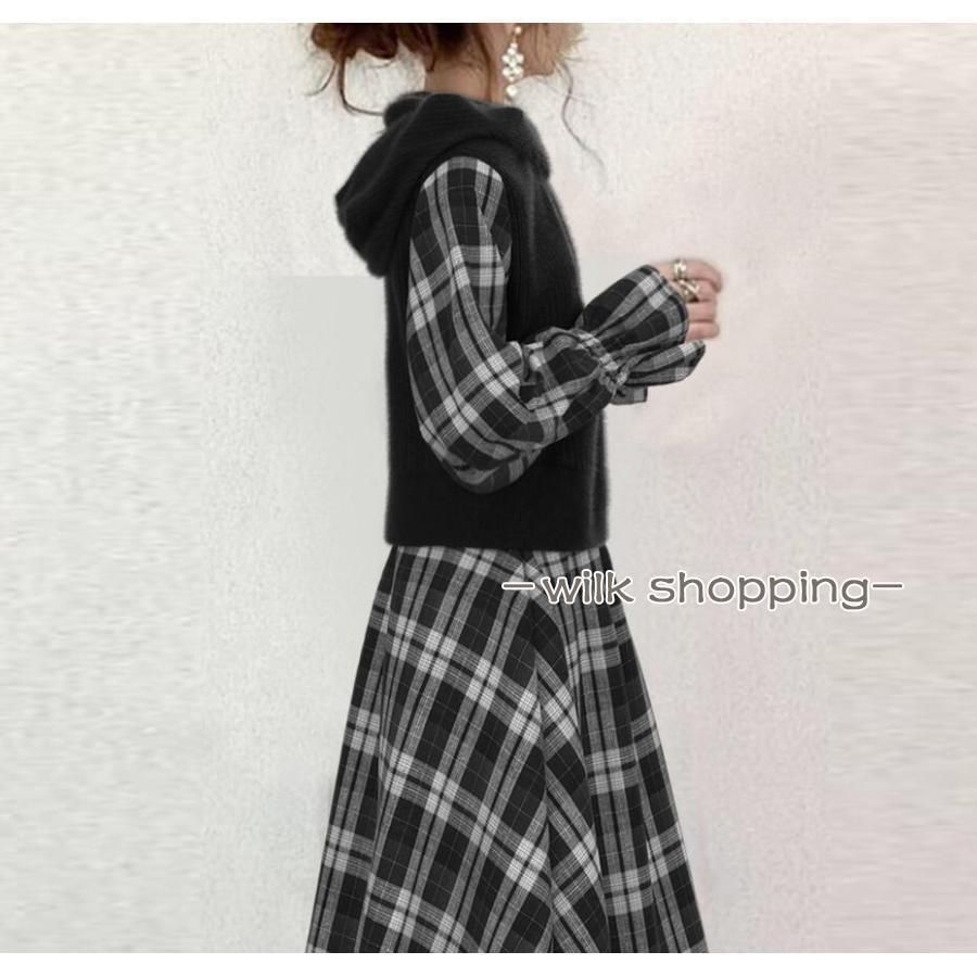 ドッキングワンピース レディース 秋服 チェック柄 フード付き