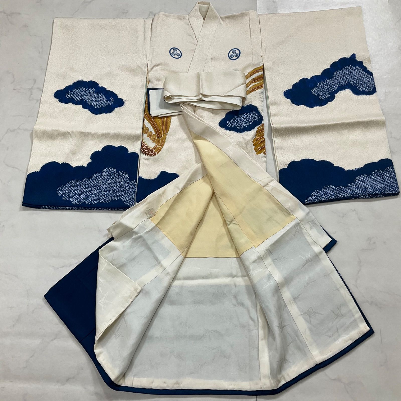 ◆kimono+one◆産着◆お宮参り◆正絹◆襦袢付き◆五つ紋◆絞り仕上げ◆青木縫製所◆七五三◆３歳用◆男の子着物◆七五三お詣り男の子着物こどものひお正月卒業式◆U122
