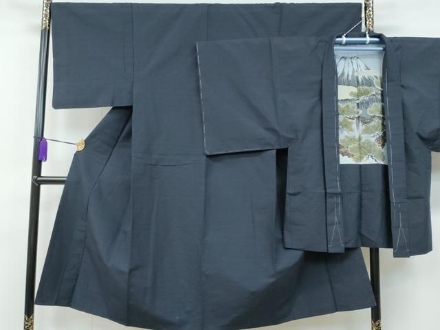 平和屋着物▽男性 紬 単衣 アンサンブル 暗い藍鉄色 正絹 逸品 DAAR5515du 