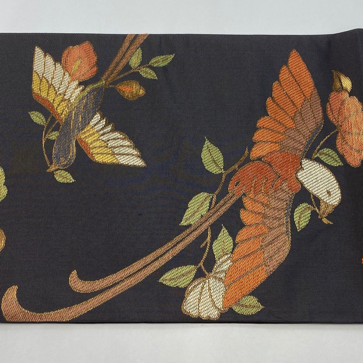 袋帯 逸品 草花 箔 刺繍 青灰色 六通 正絹 中古（袋帯 美品 逸品 龍村 