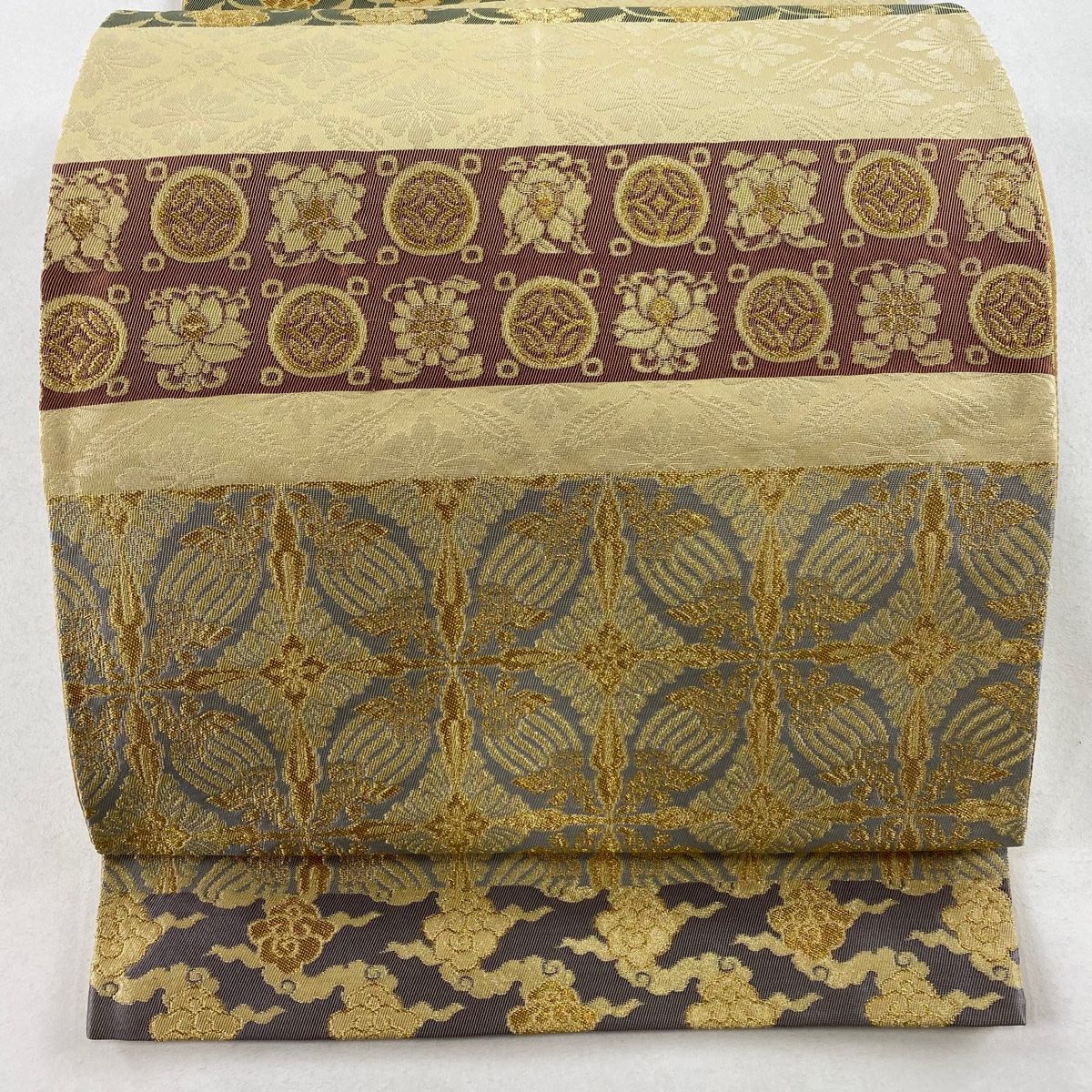 ムガシルク 金彩花唐草ライトベージュ全通柄 名古屋帯 (袋帯としても)極美品 ムガシルク 金彩花唐草ライトベージュ全通柄 袋帯 名古屋帯