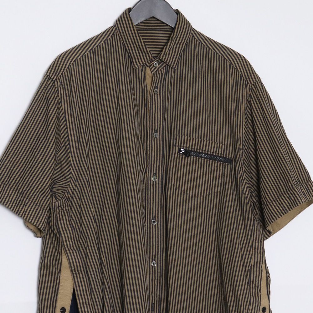 SACAI サイドポケットストライプドッキングジップ半袖シャツ サイズ2 