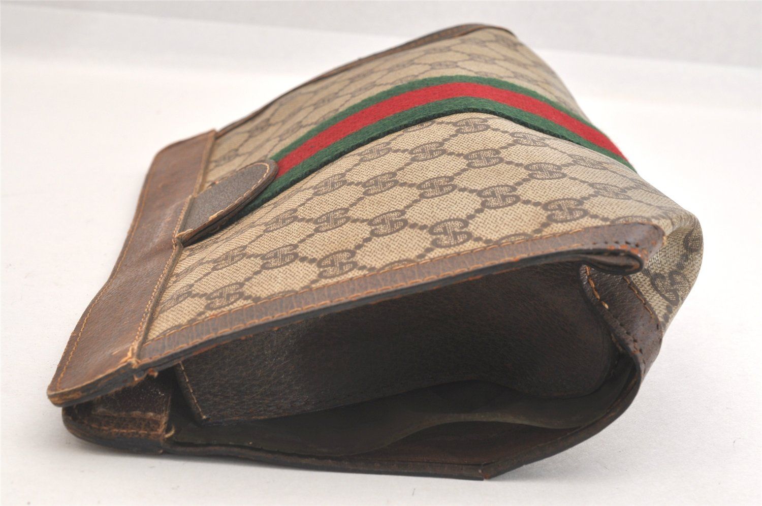 GUCCI グッチ ウェブ シェリーライン クラッチハンドバッグ GGピーブイシー レザー ブラウン ジャンク 2507N DECORATOM_COM_BR