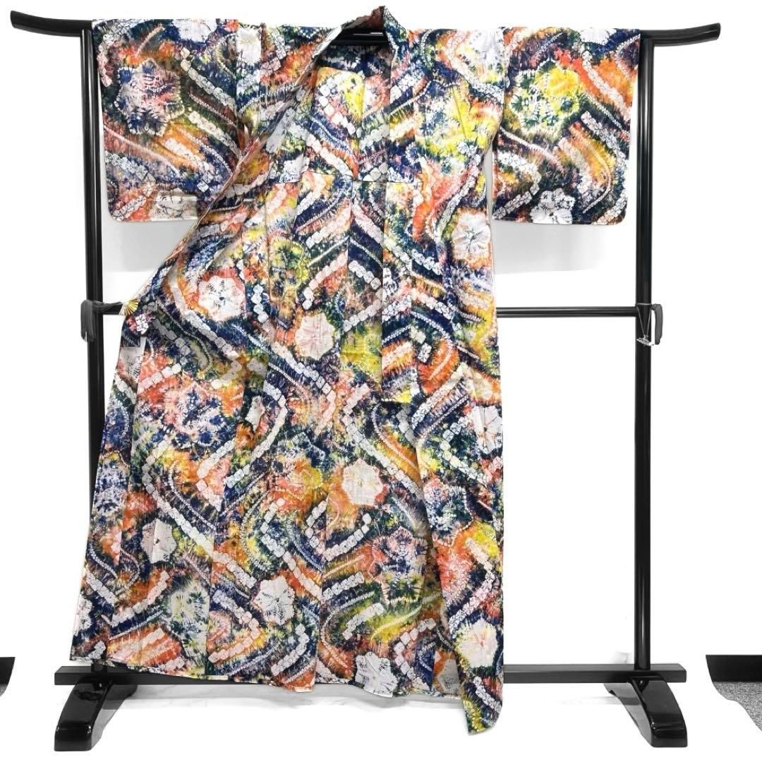 未着用 浴衣 有松鳴海絞り 花模様 カラフル ぼかし染 着物 054a d