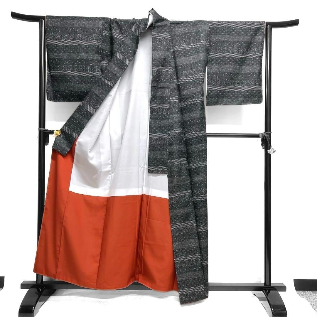 未着用 小紋 横縞 モノトーン 江戸小紋 麻の葉 菊青海波 着物 023a d