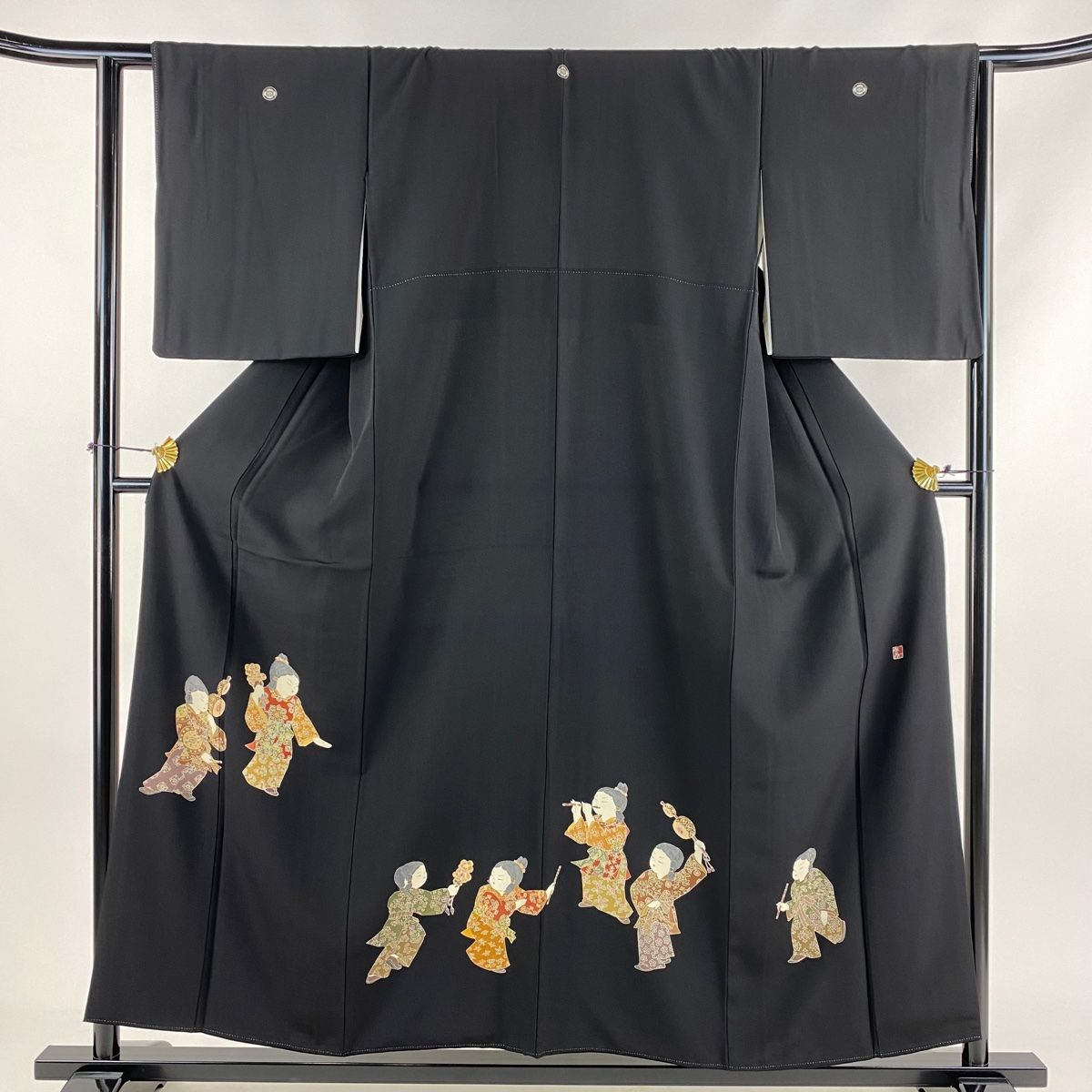 黒留袖 身丈155cm 裄丈62.5cm S 袷 関口遼一 落款 童 楽器 黒 正絹 秀品