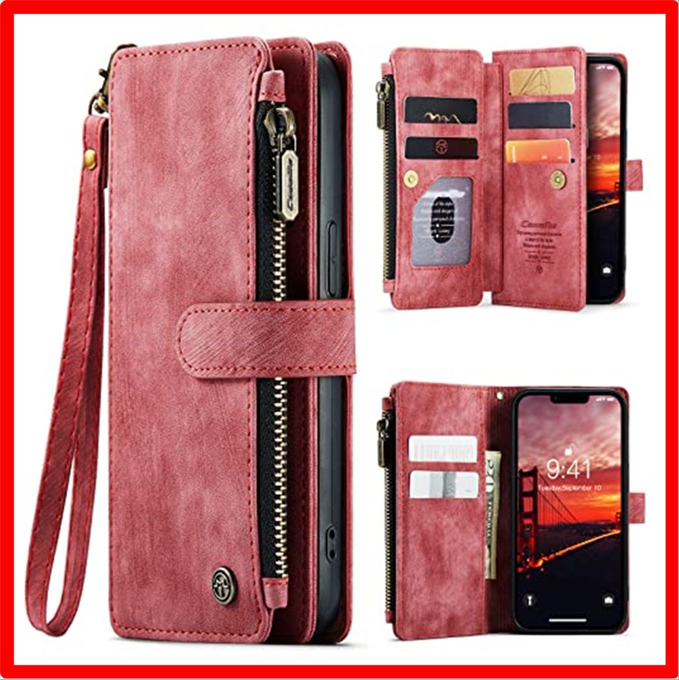 【匿名配送】 1.iPhone XS / X_レッド Sursuni iPhone XS/X 用 ケース 手帳型 カード収納 小銭入れ アイフォン XS/X カ
