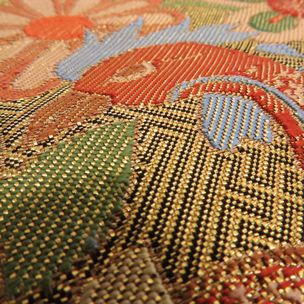 袋帯 振袖用 佐賀錦 花鳥紋様 紗綾形地 鶴に桐紋など ゴールドx