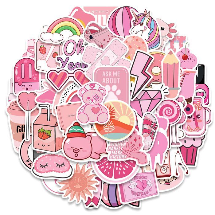 50枚 ステッカー ピンク イラスト かわいい 防水 耐水 シール