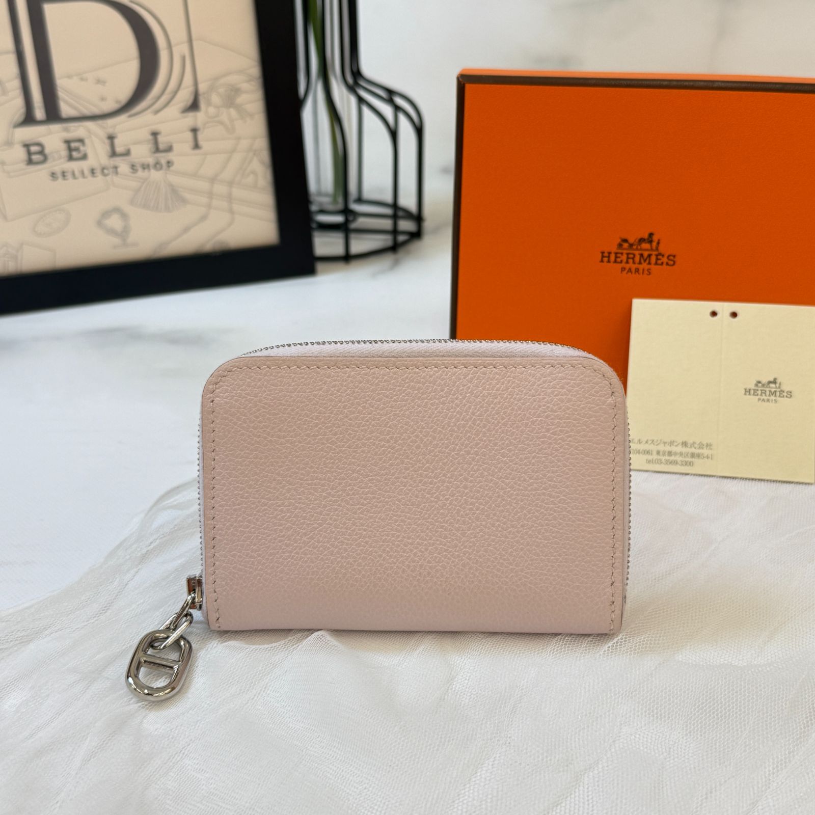 鑑定済み エルメス ジップアンゴー モーヴペール ピンク シルバー金具 レザー カードケース コインケース 財布 シェーヌ ダンクル