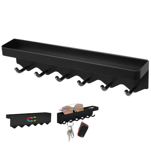 24.5cmu0026トレイ_ブラック マグネットフック キーフックu0026トレイ、磁石フック、キッチンツールフック 強力磁石壁掛け 穴開け不要 玄関、キッチン、バスルームフック 収納（24.5cmu0026トレイ