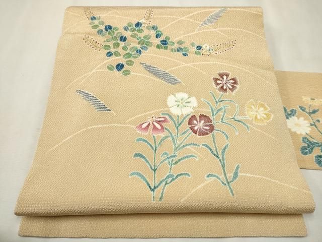 縮緬　名古屋帯　着物 平和屋着物○九寸名古屋帯 草花文 鬼しぼ縮緬 正絹 逸品
