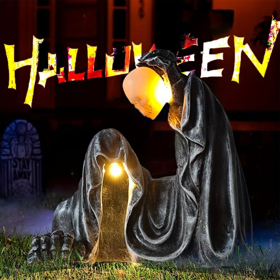 ソーラーライト ガーデンライト ガーデンオーナメント ガイコツを持っているオバケ ホラー ハロウィン装飾 イベント 庭オブジェ 置物 ガーデニング お庭 玄関ライト 園芸装飾 樹脂 ギフト プレゼント お祝い