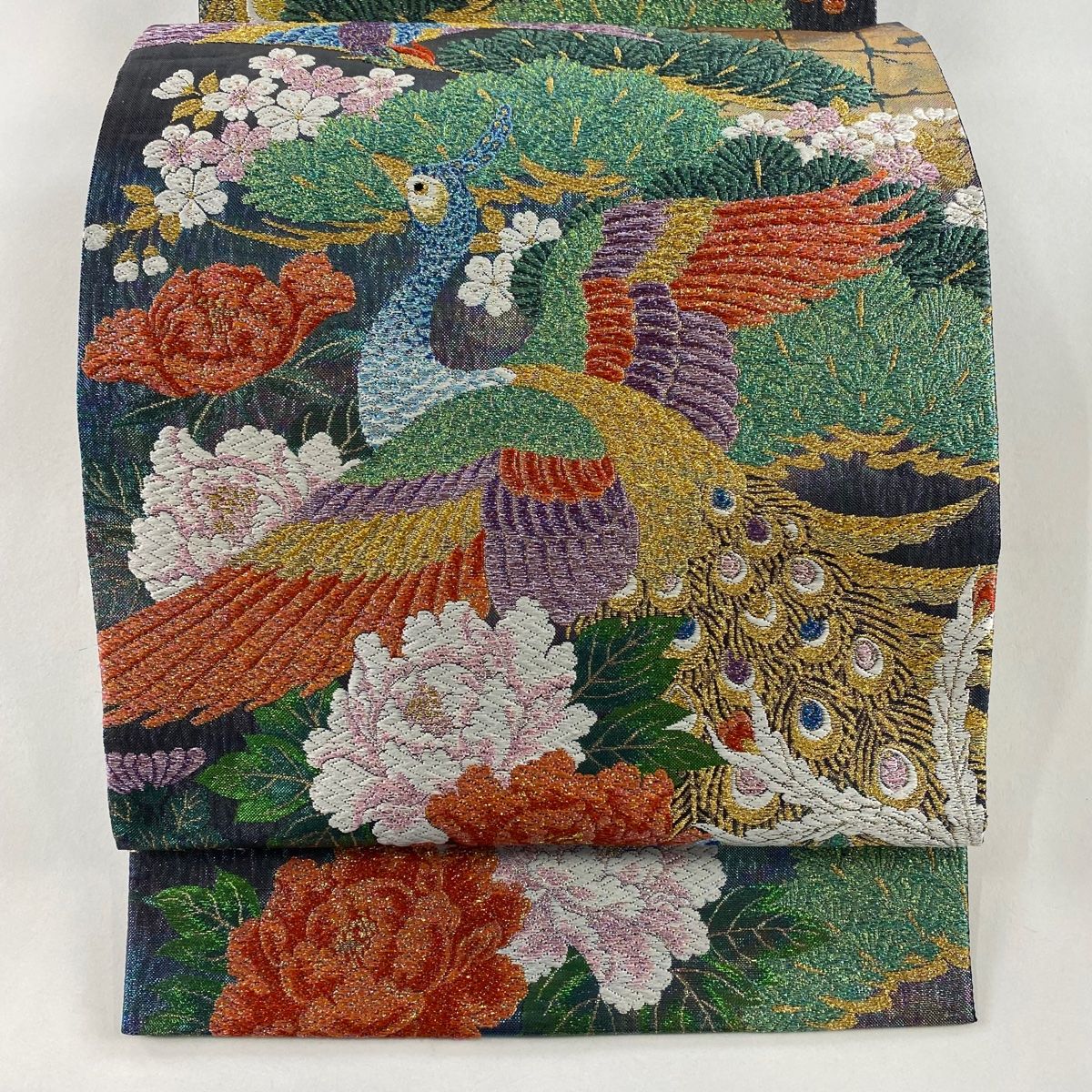 袋帯 秀品 鳳凰 孔雀 金糸 箔 墨色 お太鼓柄 正絹