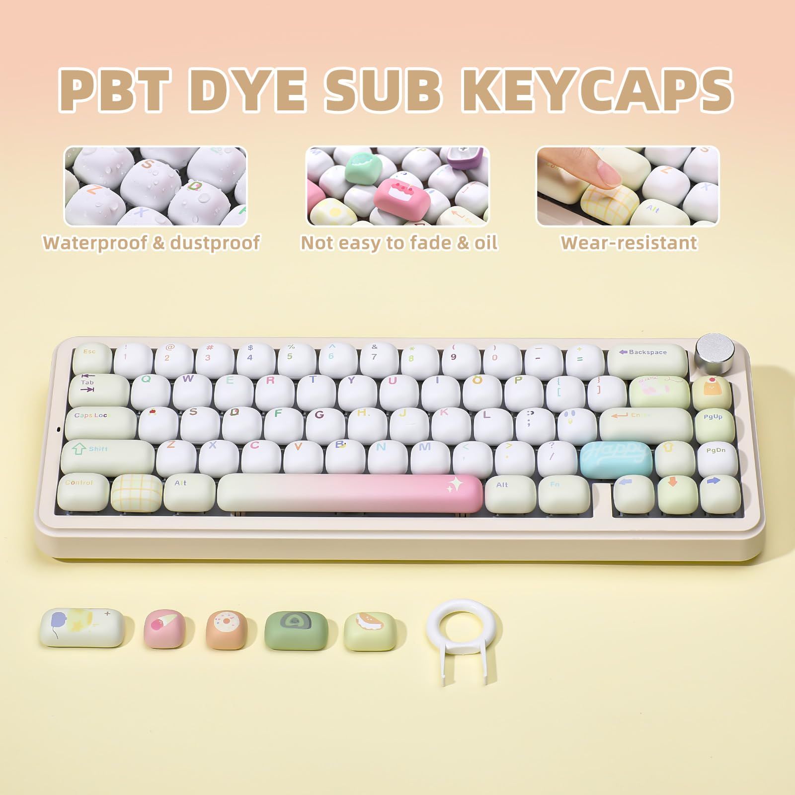 138キー セット PBT キーキャップ キーキャップ 昇華型 プロファイル メカニカルキーボード用 ゲーミングキーボード用 MOG 可愛いピンクアイスクリーム カスタムキーキャップ YUNZII 黄色い落書き