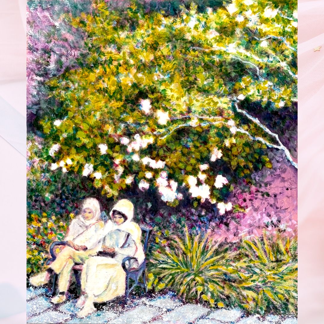 風景画/花の風景「白いベールの女性たち」油彩画/F3/額付き 福家
