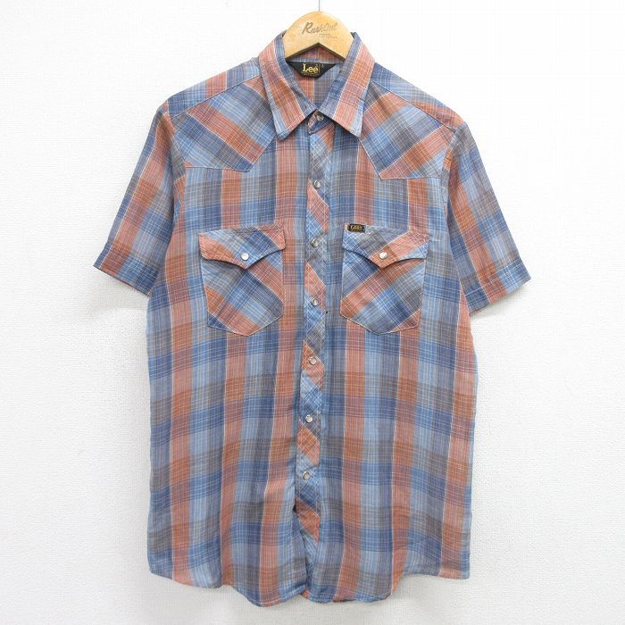 L/古着 リー Lee 半袖 ウエスタン シャツ メンズ 80s 紺他 ネイビー チェック 24apr10 中古 トップス