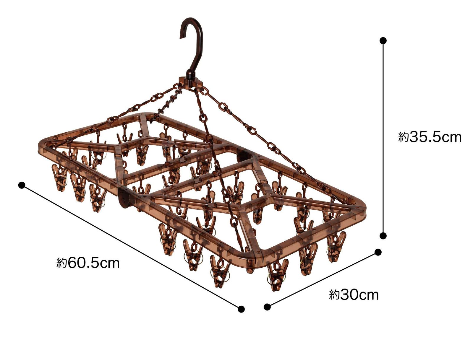 新着商品 オーエ 洗濯 物干し ハンガー 縦60.5×横30×高さ35.5cm ブラウン ピンチ 32個付き ストロング 角ハンガー 紫外線に強い 割れにくい ポリカーボネート 使用 83541